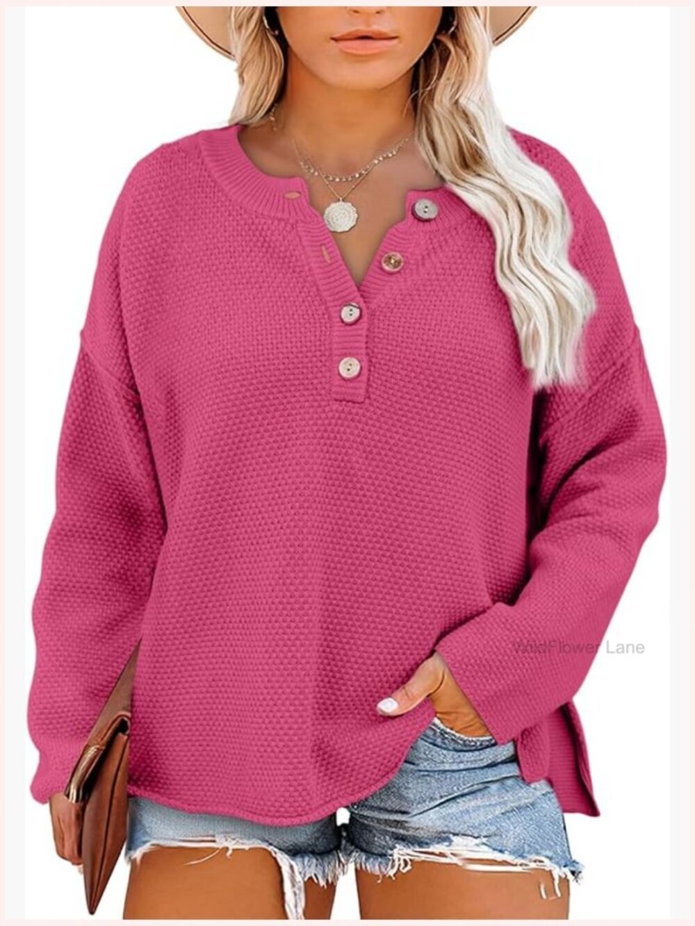 Plus Size Waffle Knit V Neck Henley Pullover Sweater - Loose Casual Tunic